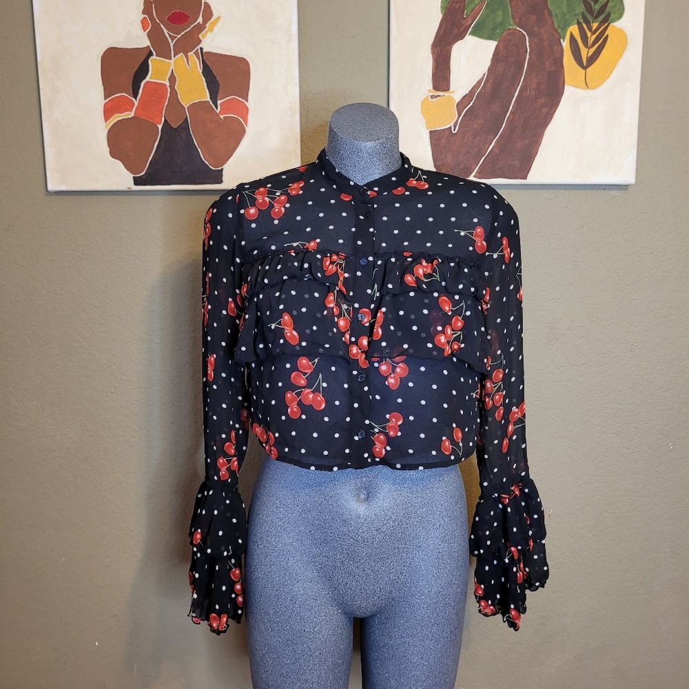 Polka Dot Sheer Blouse Black with Red Cherries Size Small